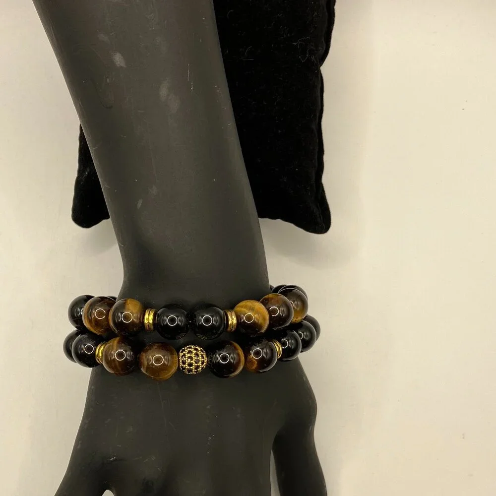 Tiger Eye Cubic Zirconia + Black Agate Gemstone 2-strand Bracelet Brand New